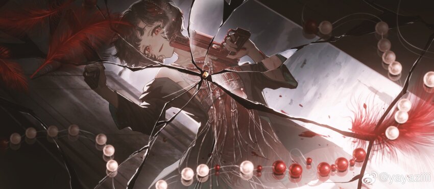 1girl black_coat black_hair blood broken_glass bullet coat curly_hair dress dual_persona feathers glass gun highres holding holding_gun holding_weapon jewelry necklace pearl_necklace red_dress red_eyes reflection reverse:1999 schneider_(reverse:1999) smile watermark weapon weibo_username weibo_watermark yayaziiii