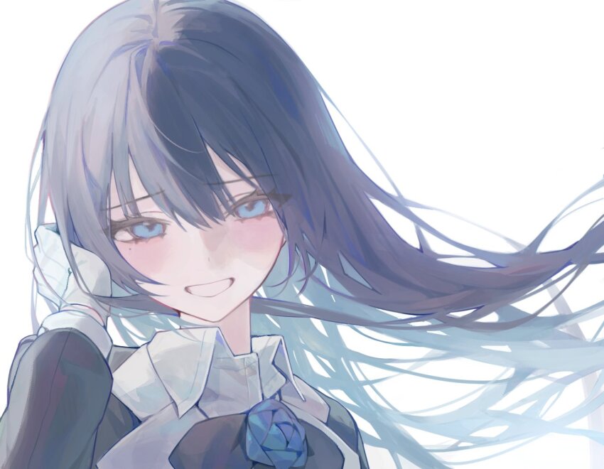 1girl ado_(utaite) black_bow black_bowtie black_hair blue_eyes blue_hair bow bowtie chando_(ado) collared_shirt colored_inner_hair commentary dress_shirt floating_hair gloves hair_between_eyes hashtag-only_commentary long_hair long_sleeves mole mole_under_eye multicolored_hair myao_(myaodayone) open_mouth shirt simple_background solo tucking_hair upper_body utaite white_background white_gloves white_shirt