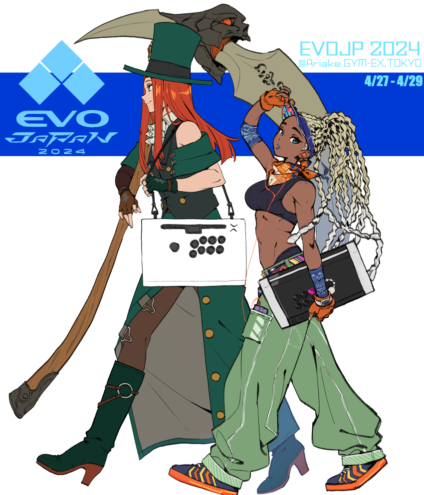 1girl 1other absurdres arcade_stick asymmetrical_gloves baggy_pants black_lips blonde_hair boots colored_tips controller crossover dark-skinned_female dark_skin dreadlocks esports evolution_championship_series fingerless_gloves game_controller gloves gradient_hair green_eyes guilty_gear guilty_gear_strive hat head_tilt headphones highres holding holding_scythe joystick kimberly_jackson looking_at_viewer makai mismatched_gloves multicolored_hair o3o official_alternate_color official_alternate_costume official_alternate_hair_color official_alternate_hairstyle orange_hair over_shoulder panties pants panty_peek parted_lips scarf scythe shoes smile sneakers sports_bra street_fighter street_fighter_6 testament_(guilty_gear) toned top_hat underwear visor_cap walking walkman weapon weapon_over_shoulder white_hair
