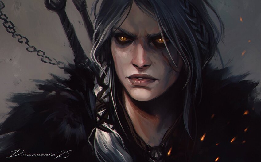 1girl ciri disarmoni_art embers long_hair ponytail portrait signature slit_pupils sword sword_on_back the_witcher_(series) the_witcher_4 weapon weapon_on_back white_hair yellow_eyes