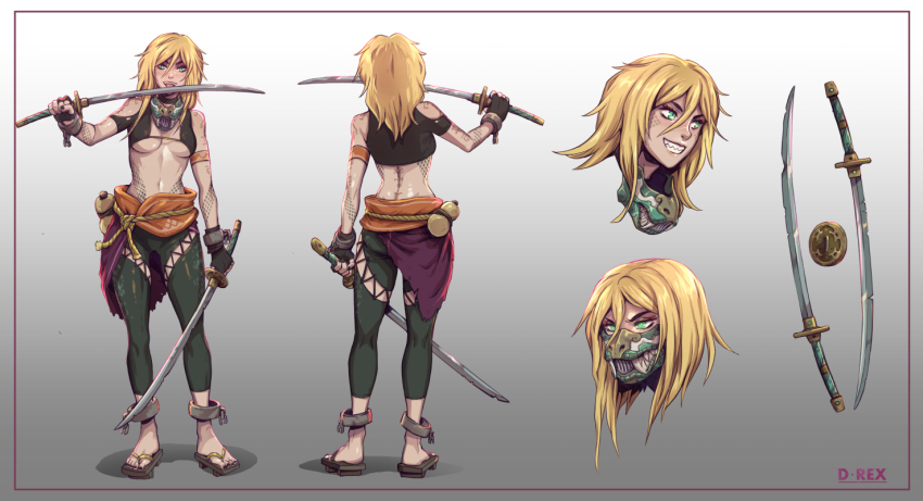 1girl bare_shoulders black_gloves blonde_hair bottle breasts brown_pants coin d-rex fake_teeth female_focus fingerless_gloves full_body gloves gradient_background hair_between_eyes hand_up holding holding_sword holding_weapon katana large_breasts licking licking_weapon long_hair mask mouth_mask multiple_views navel original pants rope sharp_teeth smile stomach sword teeth tiger_mask_(object) water_bottle weapon