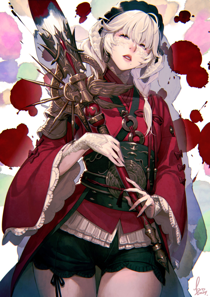 1girl absurdres art_brush au_ra black_headdress black_shorts blonde_hair braid cowboy_shot dragon_horns final_fantasy final_fantasy_xiv giant_brush highres holding holding_paintbrush horns japanese_clothes kyo_(kuroichigo) long_sleeves looking_at_viewer maid_headdress mole mole_under_eye paintbrush parted_lips pictomancer_(final_fantasy) pink_eyes red_lips red_shirt scales shirt shorts twin_braids warrior_of_light_(ff14) wide_sleeves