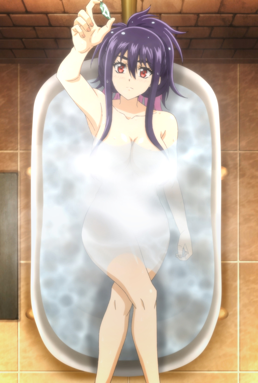 1girl absurdres anime_screenshot arm_up armpits bathing bathtub black_hair blush breasts brick brick_wall censored collarbone colored_inner_hair crossed_legs feet_out_of_frame female_focus floor from_above gem highres holding holding_gem idola_avorn large_breasts long_hair looking_at_another lying multicolored_hair on_back pink_hair purple_hair rug sentai_red_ga_isekai_de_boukensha_ni_naru solo stitched thighs third-party_edit tile_floor tiles two-tone_hair water wet wet_hair