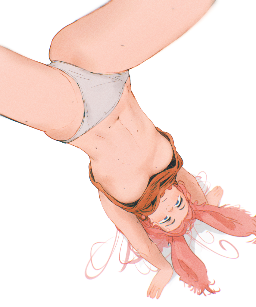 1girl absurdres animal_ears blue_eyes breasts closed_mouth commentary english_commentary felt_(spindle_(aidenr0)) handstand highres long_hair looking_at_viewer mole mole_on_arm mole_on_breast mole_on_stomach mole_on_thigh multiple_moles navel no_bra orange_shirt original panties pink_hair rabbit_ears rabbit_girl shirt simple_background solo spindle_(aidenr0) underboob underwear upside-down white_background white_panties