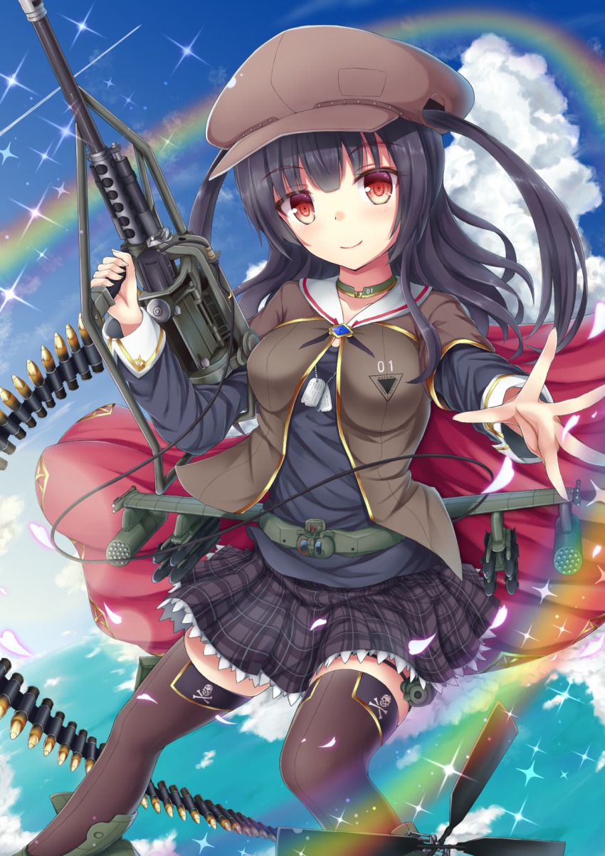 1girl 30x113mm ah-64_apache aircraft ammunition ammunition_belt anti-materiel_cartridge attack_helicopter autocannon bad_id bad_nicoseiga_id black_hair black_thighhighs cabbie_hat cannon cannon_cartridge cape chain_gun choker cloud day female_focus gun gunship hat helicopter helicopter_gunship highres lau-61_g/a long_hair m230_chain_gun m261 m299 machine_gun magnum_cartridge military_cartridge military_vehicle missile missile_launcher missile_rack ocean orange_eyes original outstretched_hand personification plaid_clothes plaid_skirt rainbow rocket_(projectile) rocket_artillery rocket_launcher rocket_pod school_uniform serafuku skirt sky smile solo sparkle tf_(seiga29299638) tf_(tfx2) thighhighs two_side_up weapon