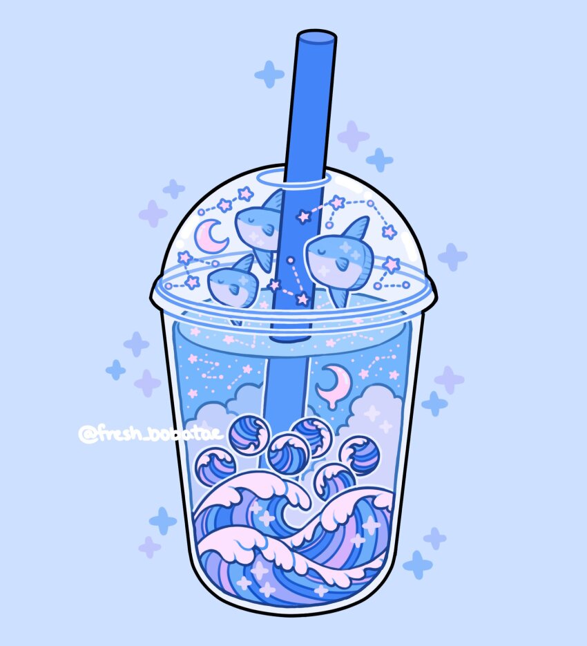 artist_name blue_background blue_clouds blue_scales blue_sky blue_theme bubble bubble_tea closed_eyes cloud constellation crescent_moon drink drinking_straw dripping emily_kim fish floating flying_fish food food_focus highres improvised_fish_tank liquid moon no_humans ocean ocean_sunfish original simple_background sky sparkle star_(sky) starry_sky twitter_username waves