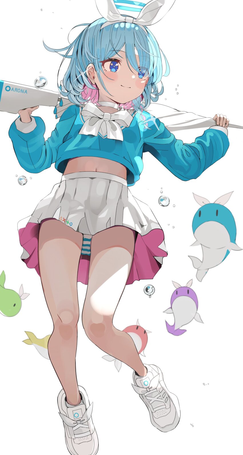 1girl absurdres arona_(blue_archive) blue_archive blue_eyes blue_hair blue_shirt blush bow_hairband braid breasts choker colored_inner_hair full_body hair_over_one_eye hairband halo highres long_sleeves looking_to_the_side multicolored_hair navel pink_hair pjkka pleated_skirt sailor_collar school_uniform serafuku shirt shoes short_hair side_braid skirt small_breasts smile sneakers solo umbrella_gun whale white_hairband white_sailor_collar white_skirt