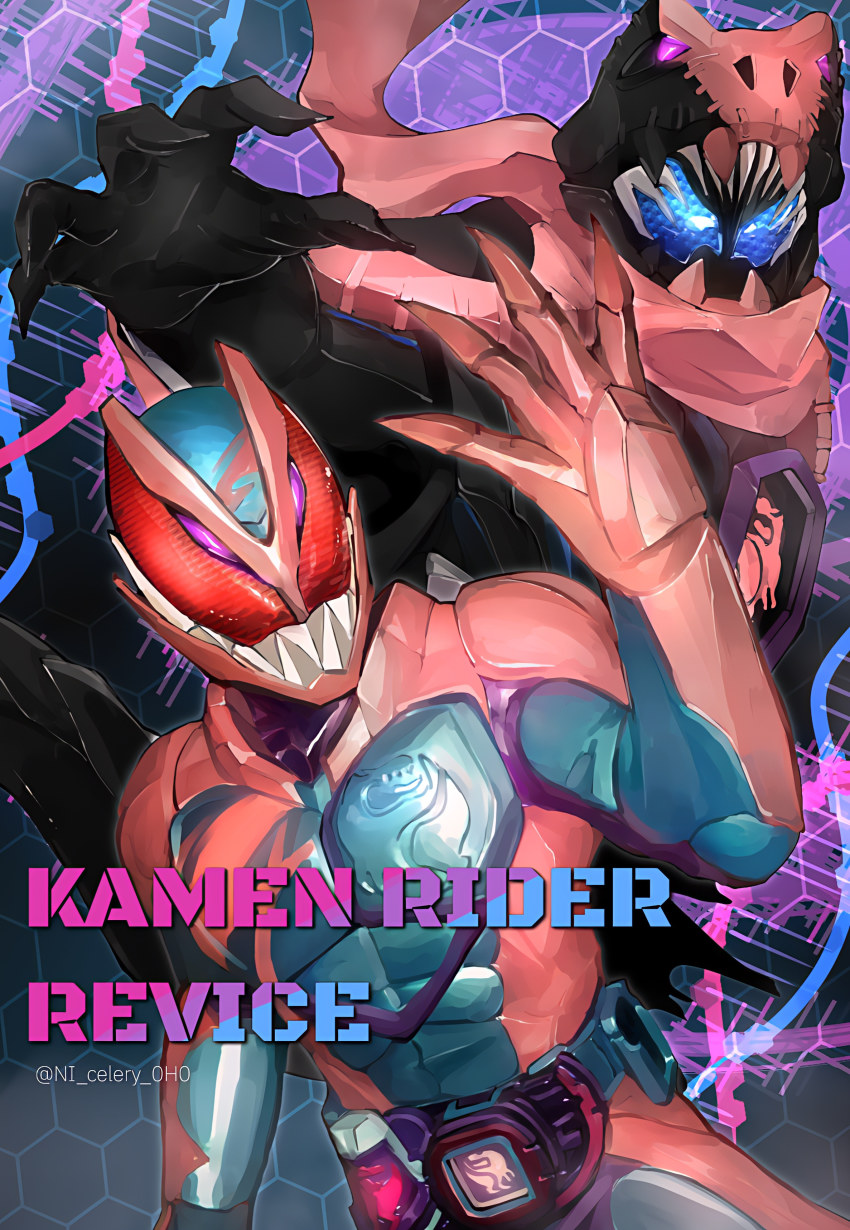 2boys absurdres black_gloves blue_eyes claws commentary compound_eyes copyright_name dna english_text gloves hand_up highres honeycomb_(pattern) honeycomb_background kamen_rider kamen_rider_revi kamen_rider_revice kamen_rider_vice multiple_boys ni_celery_pk pink_gloves pink_scarf red_eyes revice_driver rex_genome rider_belt scarf sharp_teeth teeth tokusatsu twitter_username tyrannosaurus_rex upper_body vistamp
