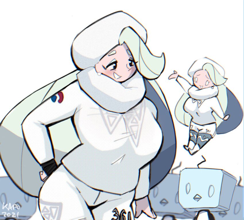 1girl arm_at_side bird blue_eyes blush breasts collar earrings eiscue eiscue_(ice) fur_collar fur_hat gen_8_pokemon gloves grin half-closed_eyes hand_on_own_hip hat highres jewelry kap.o large_breasts long_hair long_sleeves mature_female melony_(pokemon) multicolored_hair nintendo pearl_earrings penguin pokemon pokemon_(creature) pokemon_swsh shorts side_slit side_slit_shorts single_glove smile streaked_hair sweater ushanka white_collar white_sweater