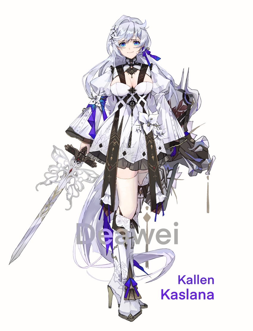 1girl absurdly_long_hair absurdres artist_name blue_eyes boots breasts character_name chinese_commentary cleavage cleavage_cutout clothing_cutout commentary_request crossed_legs deawei dress full_body hair_ribbon high_heel_boots high_heels highres holding holding_sword holding_weapon honkai_(series) honkai_impact_3rd kallen_kaslana long_hair official_alternate_costume puffy_sleeves purple_ribbon ribbon simple_background solo sword very_long_hair watson_cross weapon white_background white_boots white_dress white_hair