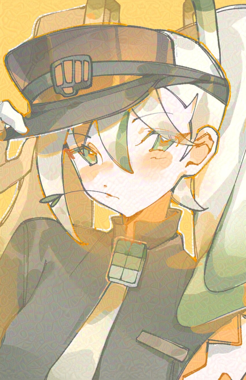 1girl black_shirt closed_mouth fighting_miku_(project_voltage) gloves green_eyes green_hair hair_between_eyes hatsune_miku highres long_hair looking_at_viewer mouth_hold multicolored_hair myun_(myun_art) necktie nintendo pokemon project_voltage shirt solo spring_onion stalk_in_mouth twintails very_long_hair visor_cap vocaloid white_gloves white_hair white_necktie