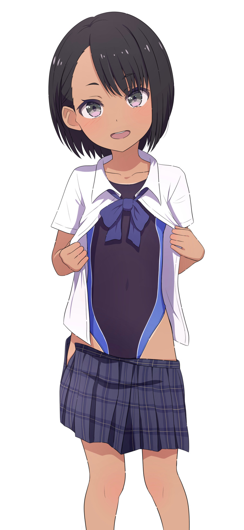 1girl :d absurdres black_hair black_one-piece_swimsuit black_skirt clothes_pull collared_shirt commentary_request competition_swimsuit covered_navel grey_eyes highres looking_at_viewer na-suke one-piece_swimsuit open_clothes open_mouth open_shirt original plaid_clothes plaid_skirt school_uniform shirt short_sleeves simple_background skirt skirt_pull smile solo standing summer_uniform swimsuit tan tongue white_background white_shirt