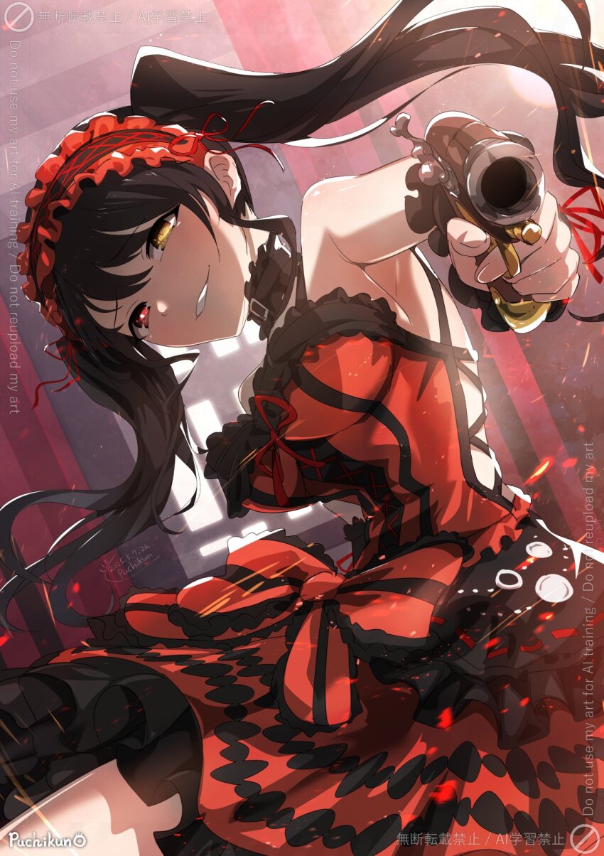 1girl aiming antique_firearm backlighting black_hair breasts commission date_a_live dress firearm firelock flintlock frilled_dress frills gun hairband heterochromia highres holding holding_gun holding_weapon long_hair looking_at_viewer medium_breasts puchikun red_dress red_eyes smile solo tokisaki_kurumi twintails two-tone_dress weapon yellow_eyes