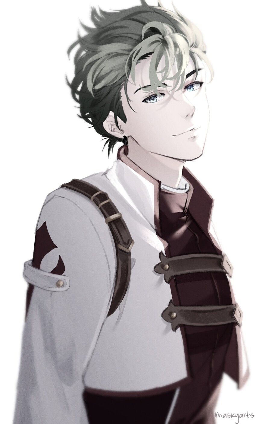 1boy closed_mouth commentary cropped_jacket earrings eiyuu_densetsu english_commentary green_eyes green_hair highres jacket jewelry kevin_graham looking_at_viewer male_focus maskyarts open_clothes open_jacket short_hair simple_background solo sora_no_kiseki upper_body white_background white_jacket