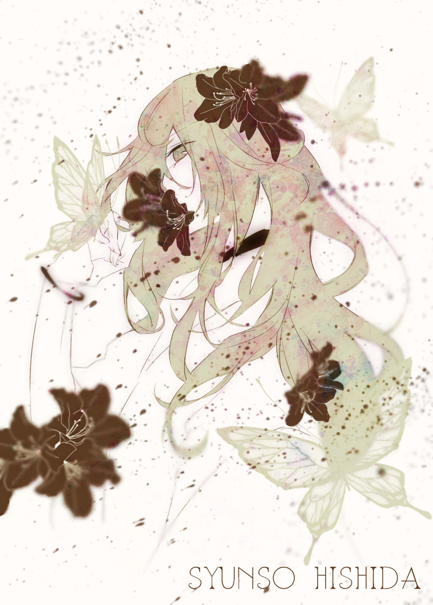1boy androgynous azkmggsr black_flower character_name facing_to_the_side flower flower_in_mouth green_eyes green_hair grey_butterfly hair_flower hair_ornament highres hishida_shunsou long_hair looking_at_viewer male_focus meiji_tokyo_renka solo