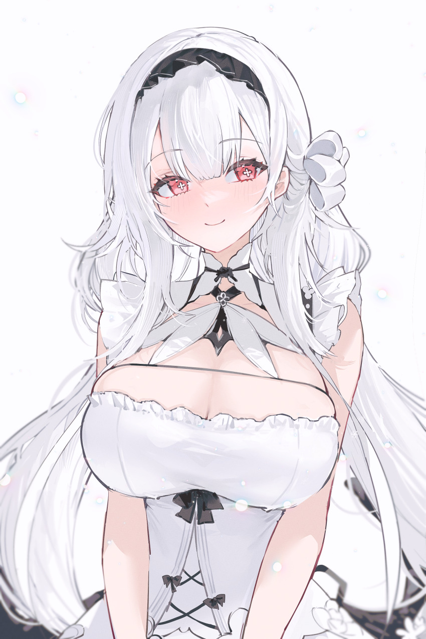 1girl absurdres azur_lane black_hairband breasts cleavage closed_mouth cross-shaped_pupils dress gurami_(zangizarang) hair_ribbon hairband highres large_breasts long_hair looking_at_viewer red_eyes ribbon scylla_(azur_lane) simple_background smile solo symbol-shaped_pupils upper_body white_background white_dress white_hair white_ribbon