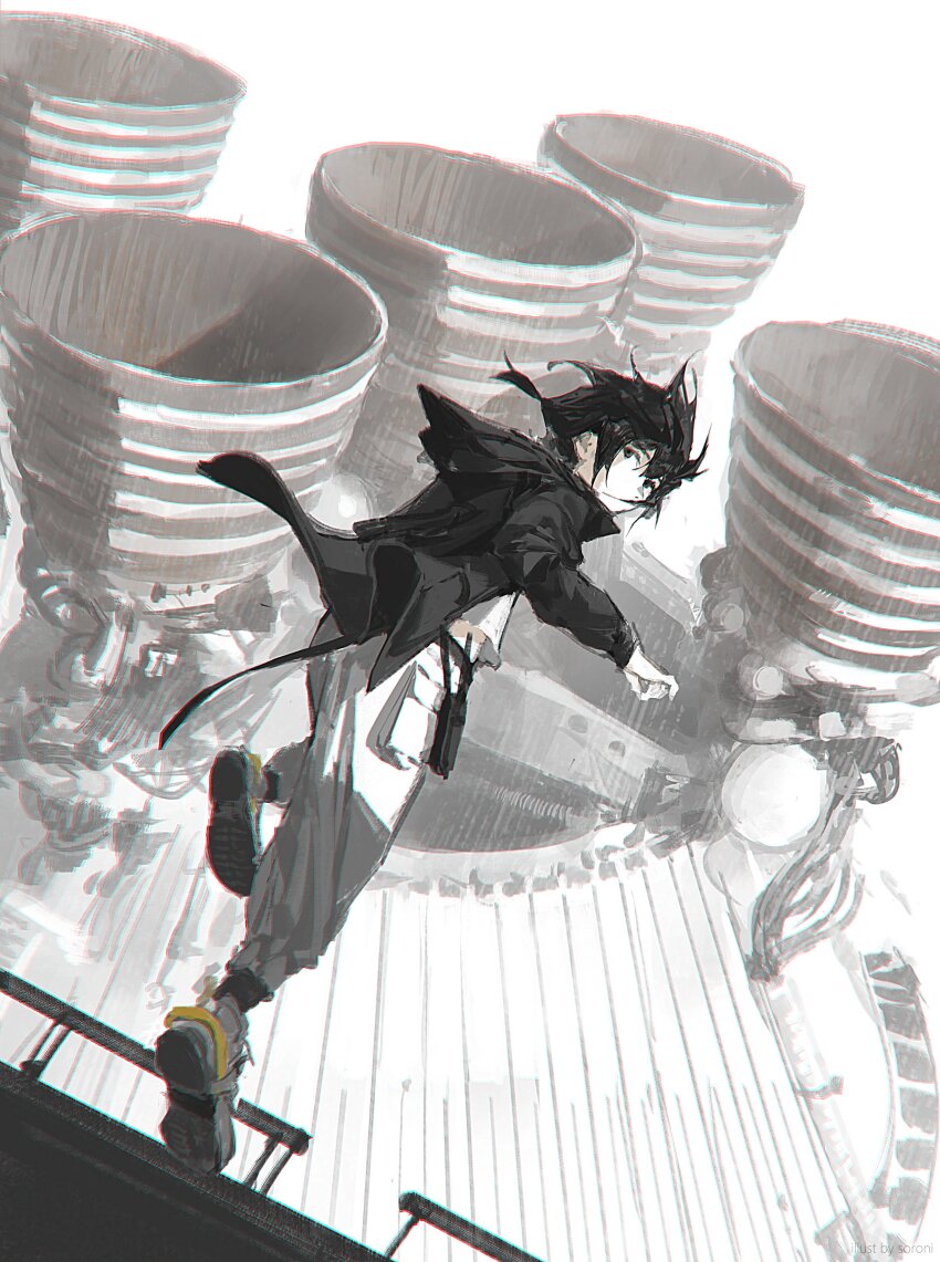 1boy absurdres black_hair black_jacket black_shoes full_body highres hood jacket looking_at_viewer male_focus open_clothes open_jacket original pants pocket shirt shoes short_hair solo sorrowny turning_head white_pants white_shirt