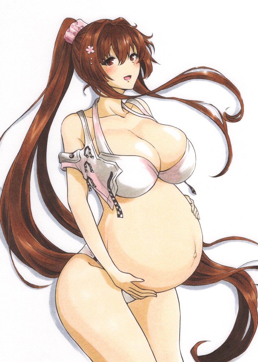 1girl absurdres ajikeneko big_belly bikini blush breasts collarbone cowboy_shot floating_hair flower hair_flower hair_intakes hair_ornament halterneck head_tilt high_ponytail highres kantai_collection large_breasts long_hair looking_at_viewer open_mouth outie_navel pink_flower ponytail pregnant sidelocks smile solo swimsuit traditional_media very_long_hair white_bikini yamato_(kancolle)