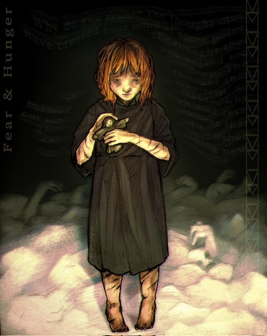 1girl artist_name barefoot black_dress child closed_mouth commentary copyright_name dark_background doll dress english_commentary facing_viewer fear_&amp;_hunger_(series) fear_&amp;_hunger_1 full_body highres holding holding_doll kevin6ab orange_hair pile_of_corpses scar scar_on_arm scar_on_leg short_hair solo standing the_girl_(fear_&amp;_hunger)