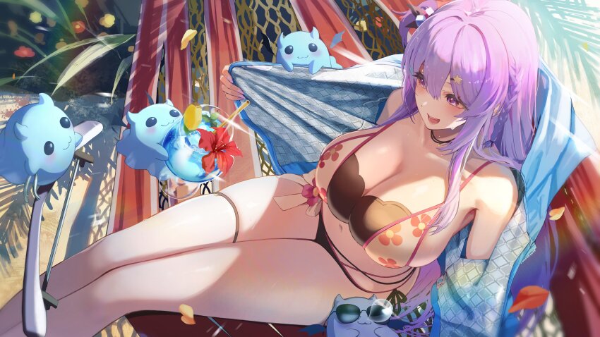 1girl absurdres bikini black_bikini black_ribbon blue_jacket braid breasts cleavage cocktail drink floral_print floral_print_bikini flower hair_ornament hair_ribbon hammock highres indie_virtual_youtuber jacket large_breasts long_hair nasai_ikumi navel nose_bubble one_side_up open_clothes open_jacket open_mouth pink_flower print_bikini purple_eyes purple_hair purple_nails red_flower ribbon sand second-party_source shadow side-tie_bikini_bottom sitting smile star_(symbol) star_hair_ornament sunglasses sweat swimsuit takechi_akinobu thigh_strap virtual_youtuber