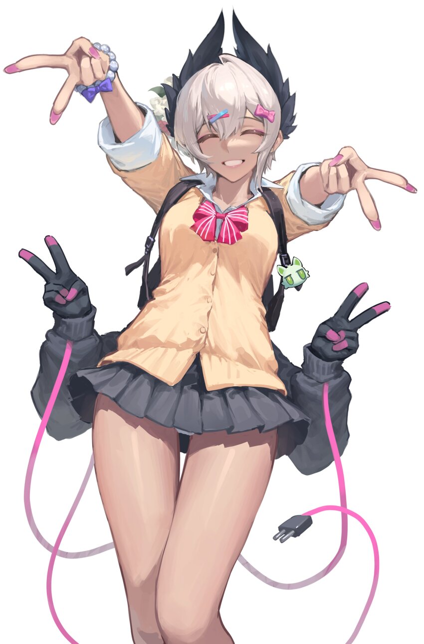 1girl absurdres alternate_costume arknights backpack bag black_skirt bow bowtie cardigan closed_eyes collared_shirt dark-skinned_female dark_skin dekka double_v dress extra_arms grin hair_bow head_wings highres miniskirt pink_bow pink_bowtie pleated_dress raidian_(arknights) school_uniform shirt short_hair simple_background skirt smile solo striped_bow striped_bowtie striped_clothes v white_background white_shirt wings yellow_cardigan
