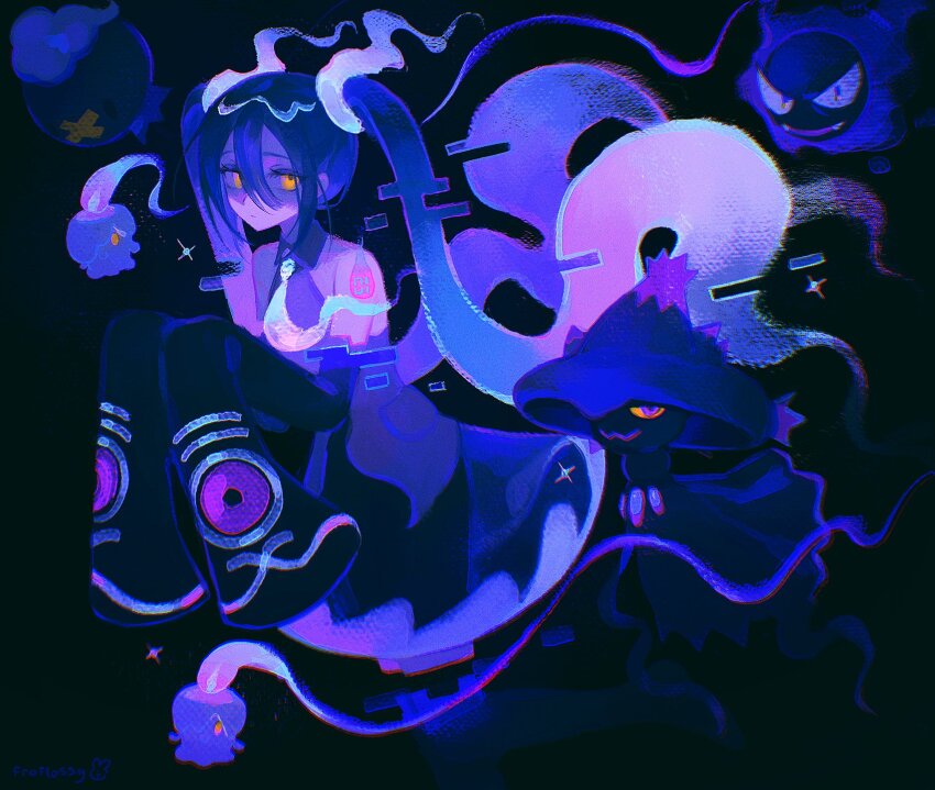 1girl 2girls arm_tattoo bare_shoulders black_sleeves black_thighhighs blue_hair closed_mouth colored_sclera detached_arm detached_legs detached_sleeves drifloon froflossy gastly gen_1_pokemon gen_4_pokemon gen_5_pokemon ghost ghost_miku_(project_voltage) glitch glowing_neckwear gradient_hair grey_shirt hair_between_eyes hatsune_miku highres litwick long_hair looking_at_viewer mismagius multicolored_hair multiple_girls necktie nintendo pale_skin pokemon pokemon_(creature) print_sleeves project_voltage purple_eyes purple_hair see-through_clothes see-through_skirt shirt skirt sleeves_past_fingers sleeves_past_wrists tattoo thighhighs twintails very_long_hair vocaloid white_necktie will-o&#039;-the-wisp_(mythology) yellow_eyes yellow_sclera