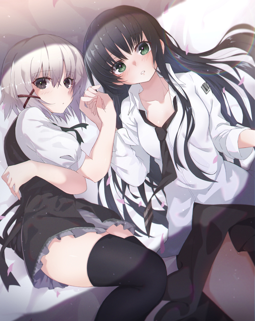 2girls absurdres black_dress black_eyes black_hair black_necktie black_thighhighs blush closed_mouth collarbone collared_shirt commentary_request cowboy_shot dress dutch_angle eyelashes eyes_visible_through_hair film_grain gabanborjarnon green_eyes grey_hair hair_between_eyes hair_ornament hair_spread_out hand_up highres holding_hands lens_flare long_hair long_sleeves looking_at_viewer lying multiple_girls natsume_ai natsume_shizuku necktie on_back parted_lips sakura_no_toki sakura_no_uta shirt short_hair short_sleeves sleeveless sleeveless_dress thighhighs thighs very_long_hair white_shirt x_hair_ornament zettai_ryouiki