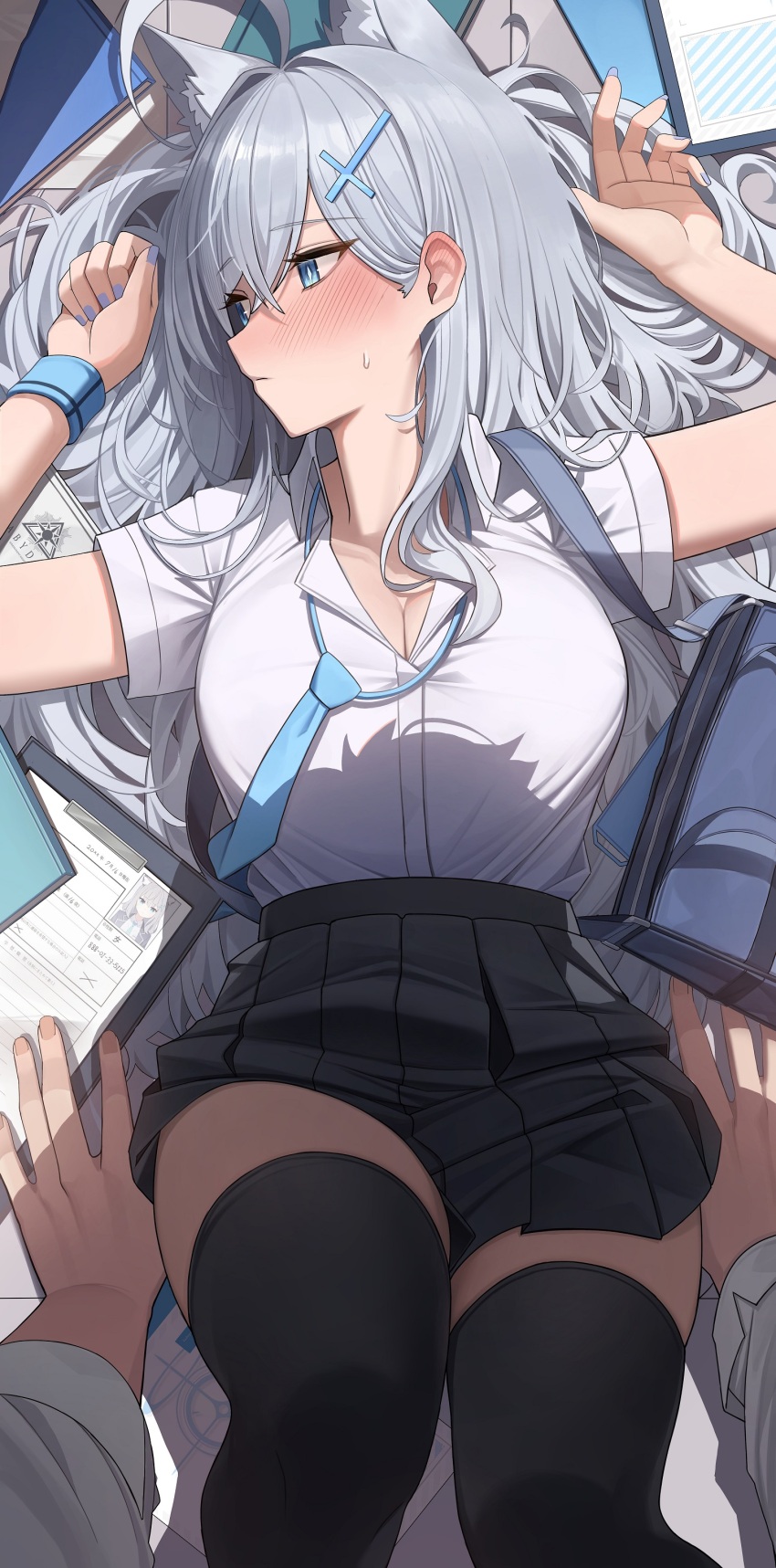 absurdres animal_ear_fluff animal_ears black_skirt black_thighhighs blue_bag blue_eyes blue_nails blush boy_on_top breasts cleavage closed_mouth cross_hair_ornament grey_hair hair_ornament highres large_breasts looking_to_the_side lying on_back pang-yo pov shiroko_(blue_archive) shiroko_terror_(blue_archive) shirt skirt sweatdrop thighhighs white_shirt wolf_ears wolf_girl wristband