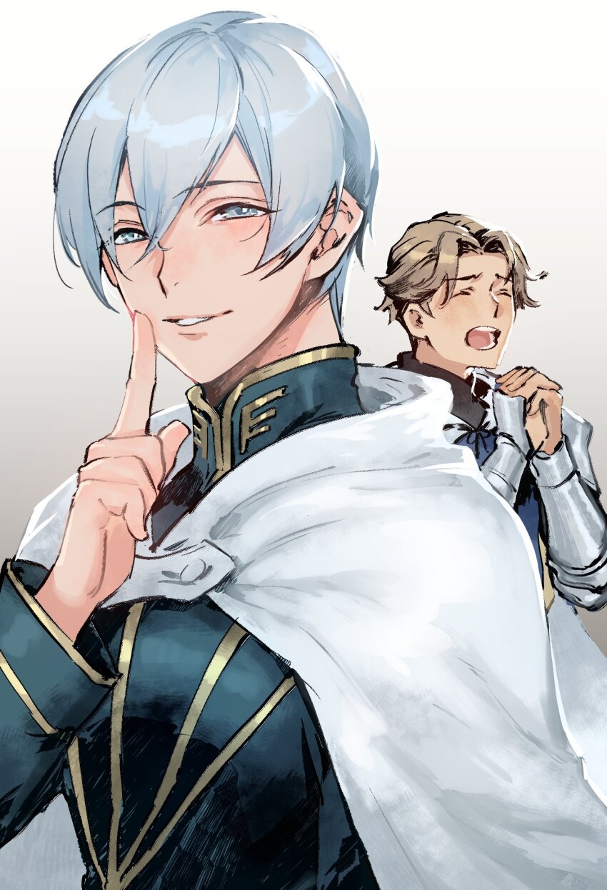 2boys arm_up armor arms_up blue_shirt brown_hair cloak closed_eyes commentary_request crick_(octopath_traveler) gauntlets gold_trim grey_background grey_eyes hair_behind_ear hair_between_eyes high_collar highres index_finger_raised kin_mokusei light_brown_hair long_sleeves male_focus multiple_boys octopath_traveler octopath_traveler_ii own_hands_clasped own_hands_together parted_bangs parted_lips praying shirt simple_background smile temenos_mistral upper_body white_cloak white_hair
