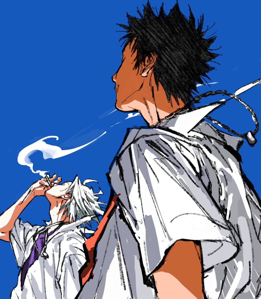 2boys arm_up black_hair blue_background cigarette collared_shirt cropped_arms gokudera_hayato highres jewelry katekyo_hitman_reborn! looking_ahead male_focus multiple_boys necklace necktie purple_necktie red_necktie shirt simple_background smoke smoke_trail smoking umkaqryi upper_body white_hair white_shirt yamamoto_takeshi