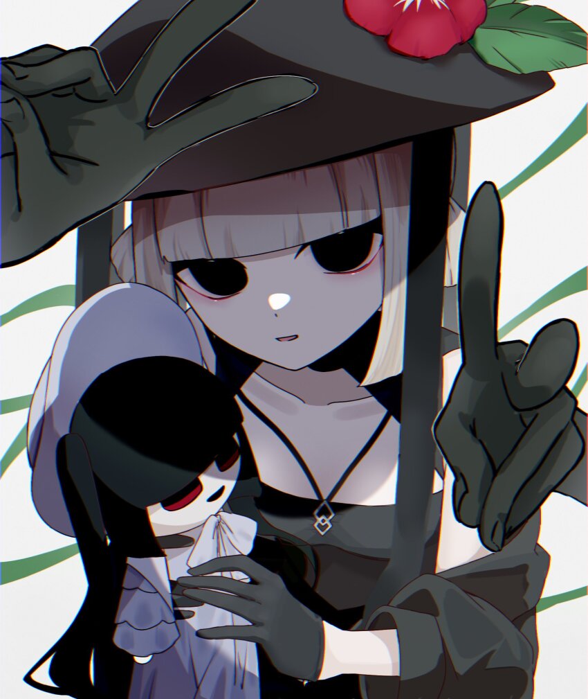1girl black_eyes black_gloves character_doll disembodied_hand double_v dpw6p39pwizgzdz fate/grand_order fate_(series) flower gloves grey_hair hat hat_flower highres jingasa komahime_(fate) sen_no_rikyu_(fate) v