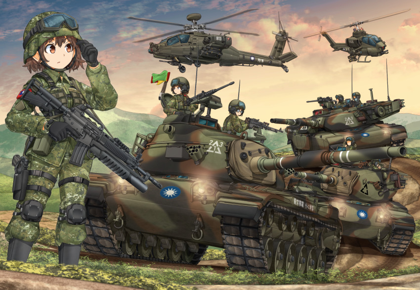 3girls 6+others adjusting_clothes adjusting_headwear agm-114_hellfire ah-1_supercobra ah-64_apache air-to-surface_missile aircraft anti-tank_guided_missile anti-tank_missile assault_rifle attack_helicopter autocannon black_footwear black_gloves blue_sky body_armor boots brown_eyes brown_hair browning_m2 camouflage camouflage_headwear camouflage_jacket camouflage_pants cannon chain_gun closed_mouth cloud cloudy_sky cm-11_brave_tiger combat_boots commentary commentary_request dusk english_commentary flag flag_on_vehicle glasses gloves goggles goggles_on_headwear gradient_sky green_headwear green_jacket green_pants grenade_launcher gun gunship handgun headphones headset heavy_machine_gun helicopter helicopter_gunship helmet highres holding holding_weapon holster jacket knee_pads long_sleeves looking_back looking_to_the_side m1_abrams m230_chain_gun m240 m299 m60_main_battle_tank machine_gun magazine_(weapon) medium_machine_gun mikeran_(mikelan) military military_combat_uniform military_uniform military_vehicle missile missile_launcher missile_pod missile_rack motion_blur motor_vehicle multiple_girls multiple_others orange_sky original outdoors pants precision-guided_munition republic_of_china_army republic_of_china_flag rifle rocket_launcher roundel short_hair sky standing surface-to-surface_missile t91_assault_rifle taiwan tank thigh_holster trigger_discipline underbarrel_grenade_launcher weapon
