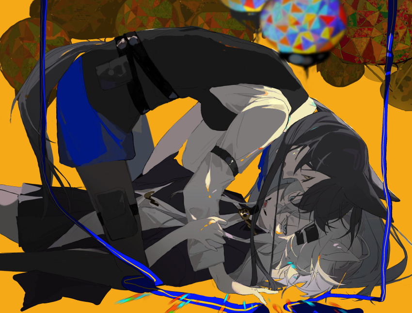 2girls animal_ears arknights belt black_belt black_hair black_pantyhose black_vest blue_eyes blue_shorts chinese_commentary commentary_request grey_hair hair_between_eyes hair_ornament hairclip highres kuma_(yoooooooo152) lappland_(arknights) lappland_(refined_horrormare)_(arknights) long_hair long_sleeves lying multiple_girls on_back open_mouth orange_background pantyhose pinned shirt shorts tail texas_(arknights) texas_the_omertosa_(arknights) variant_set vest white_shirt wolf_ears wolf_girl wolf_tail yellow_eyes yuri