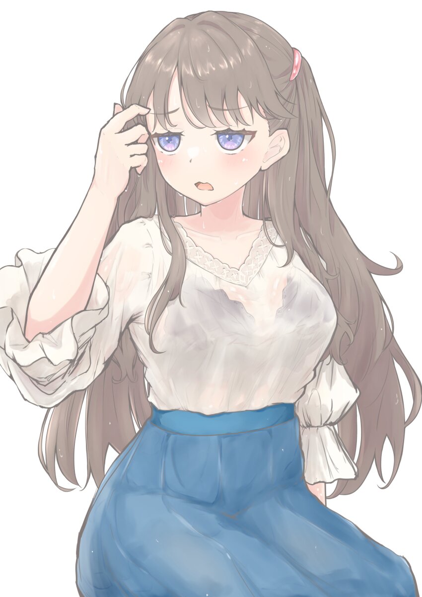 1girl absurdres black_bra blue_skirt bra bra_visible_through_clothes breasts brown_hair casual collarbone commentary cowboy_shot fujishima_megumi fujishima_megumi_(summer_casual) hand_up highres hot jitome large_breasts link!_like!_love_live! long_hair love_live! official_alternate_costume open_mouth pleated_skirt purple_eyes shirt sitting skirt three-quarter_sleeves solo sweat two_side_up underwear very_sweaty virtual_youtuber white_background white_shirt zacuro