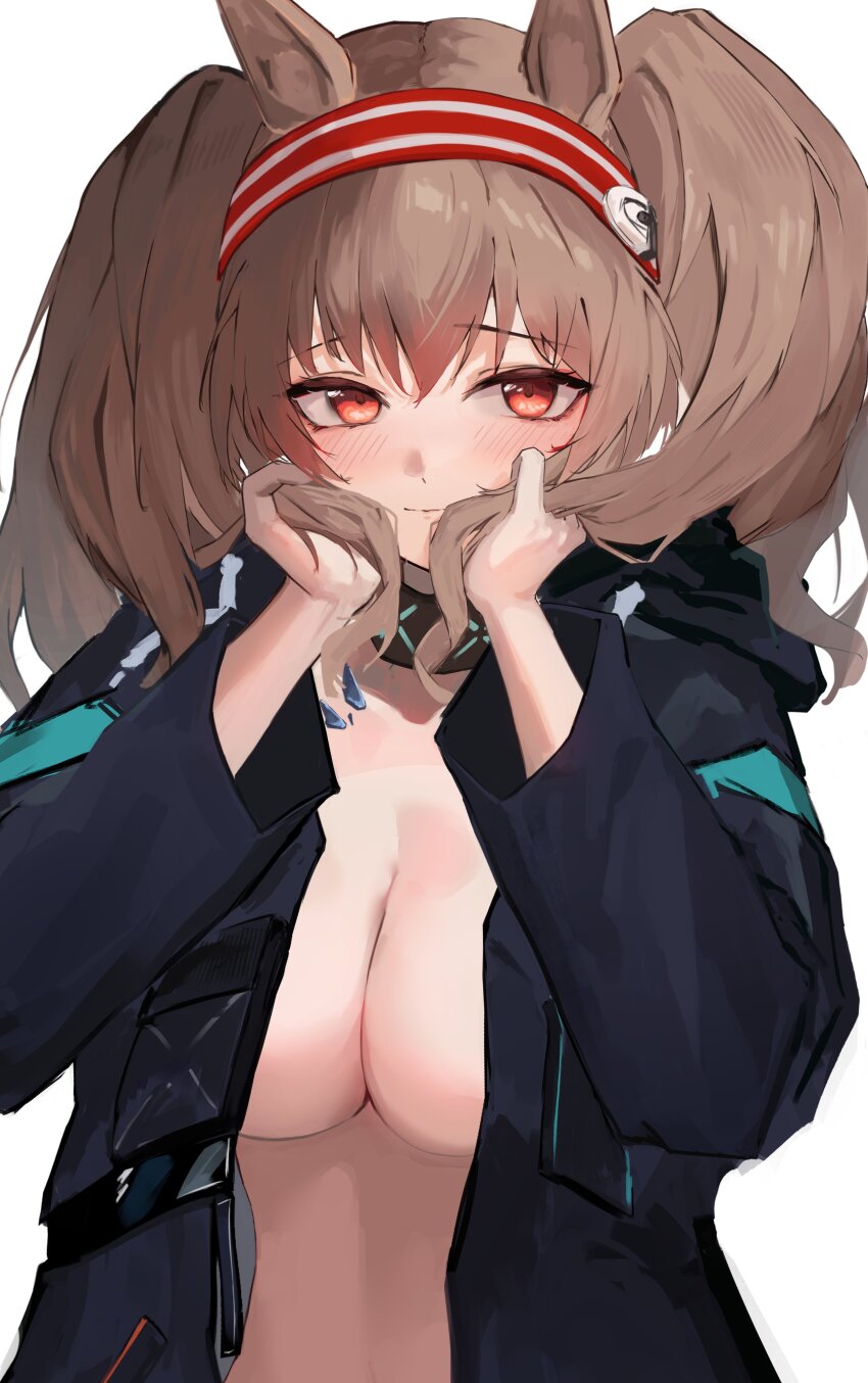 1girl absurdres angelina_(arknights) arknights black_jacket blush breasts brown_hair cleavage hair_between_eyes hairband hands_on_own_face highres jacket large_breasts long_hair long_sleeves nekomatamago no_bra no_shirt open_clothes red_eyes red_hair red_hairband solo striped_clothes striped_hairband twintails two-tone_hairband