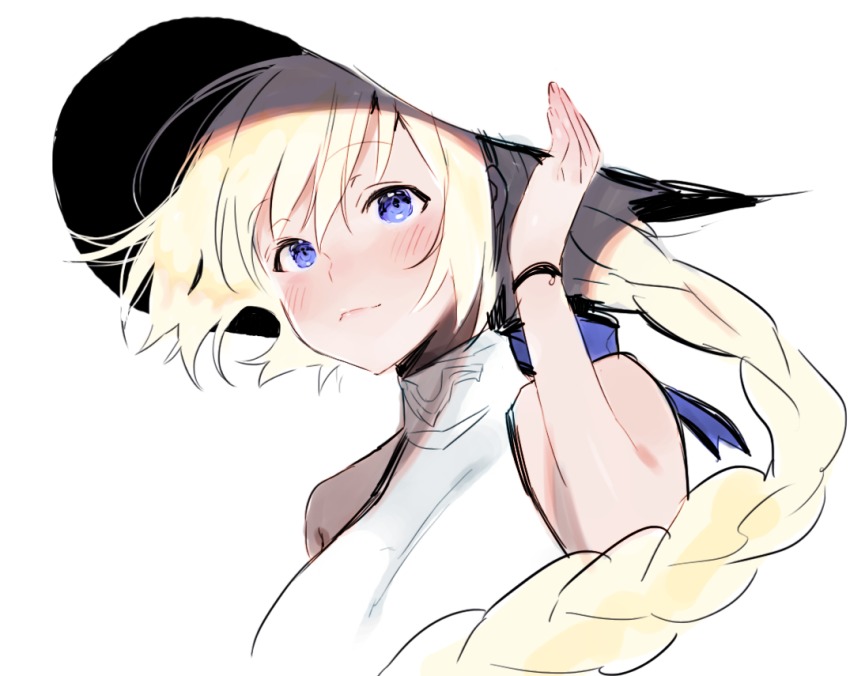 1girl bad_id bad_pixiv_id bare_shoulders blonde_hair blue_eyes braid breasts fate/grand_order fate_(series) female_focus hat jeanne_d&#039;arc_(fate) jeanne_d&#039;arc_(ruler)_(fate) light_smile long_hair looking_at_viewer nito_(siccarol) simple_background solo white_background