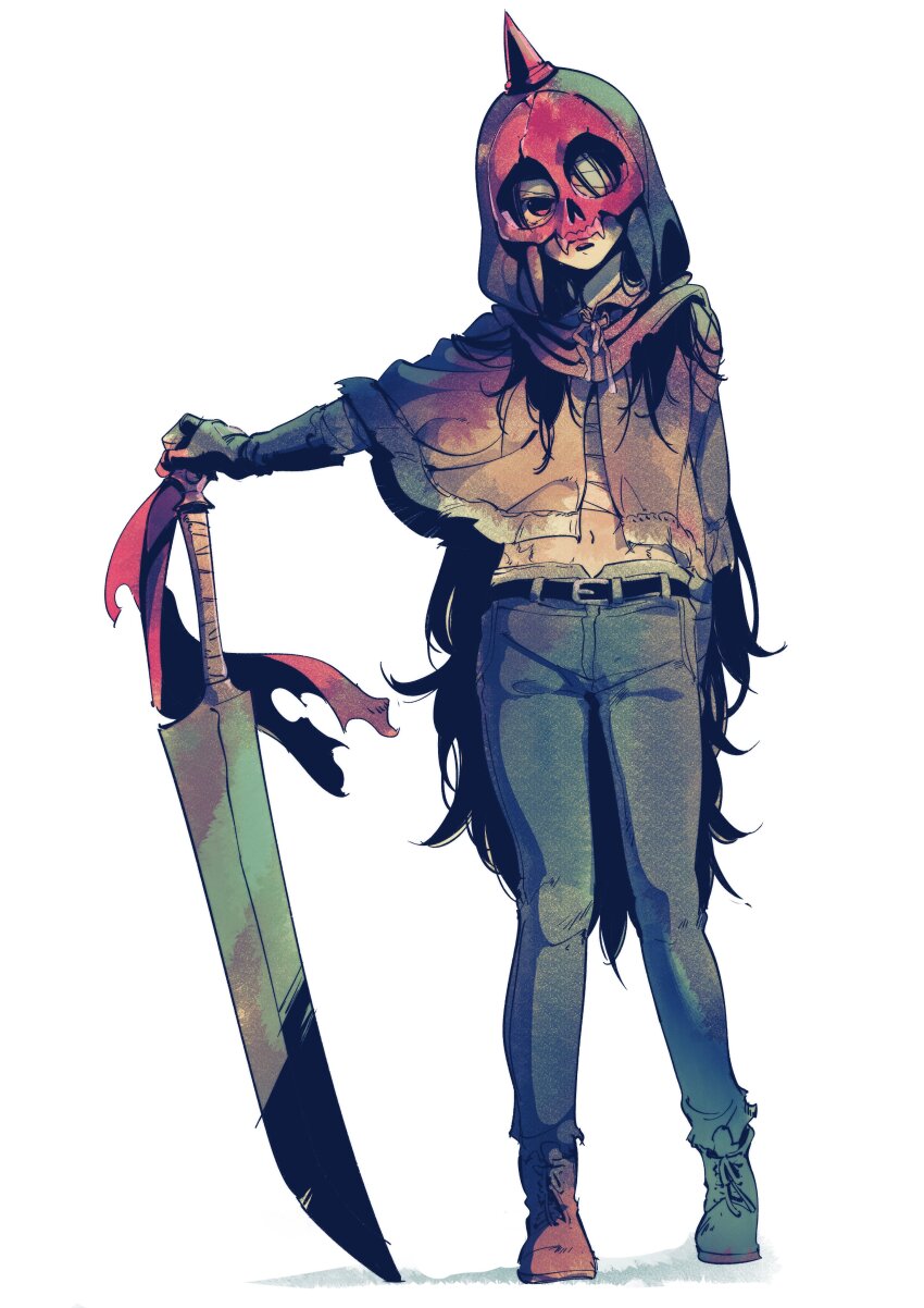 1girl absurdres bandage_over_one_eye belt black_hair blood buddy_(lisa) denim hamburger_man._(sumi80) highres horns jeans lisa_(series) lisa_the_joyful long_hair mask midriff pants poncho red_eyes scar simple_background single_horn skull_mask small_hips solo sword weapon white_background