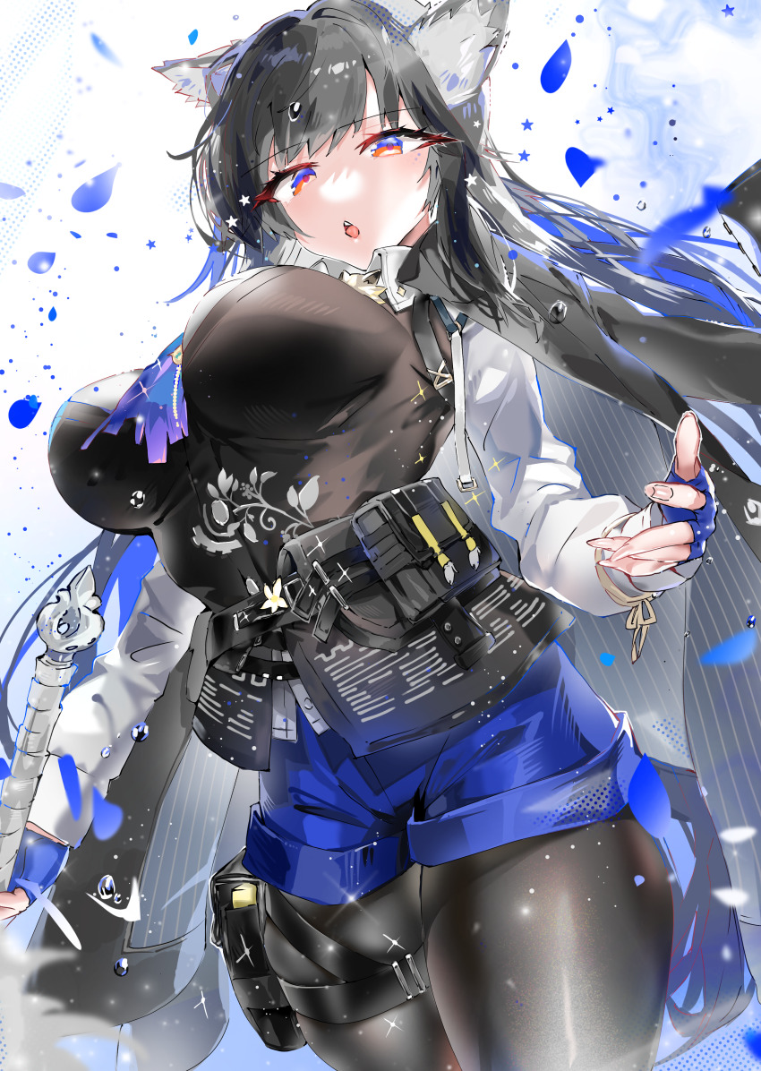 1girl absurdres animal_ear_fluff animal_ears arknights belt black_coat black_hair black_pantyhose black_vest blue_eyes blue_gloves blue_necktie blue_shorts breasts coat coat_on_shoulders fingerless_gloves gloves highres holding holding_sword holding_weapon large_breasts long_hair long_sleeves necktie official_alternate_costume open_mouth pantyhose pantyhose_under_shorts pouch shirt short_shorts shorts solo sword tekona0 texas_(arknights) texas_the_omertosa_(arknights) thigh_pouch utility_belt vest weapon white_shirt wolf_ears wolf_girl