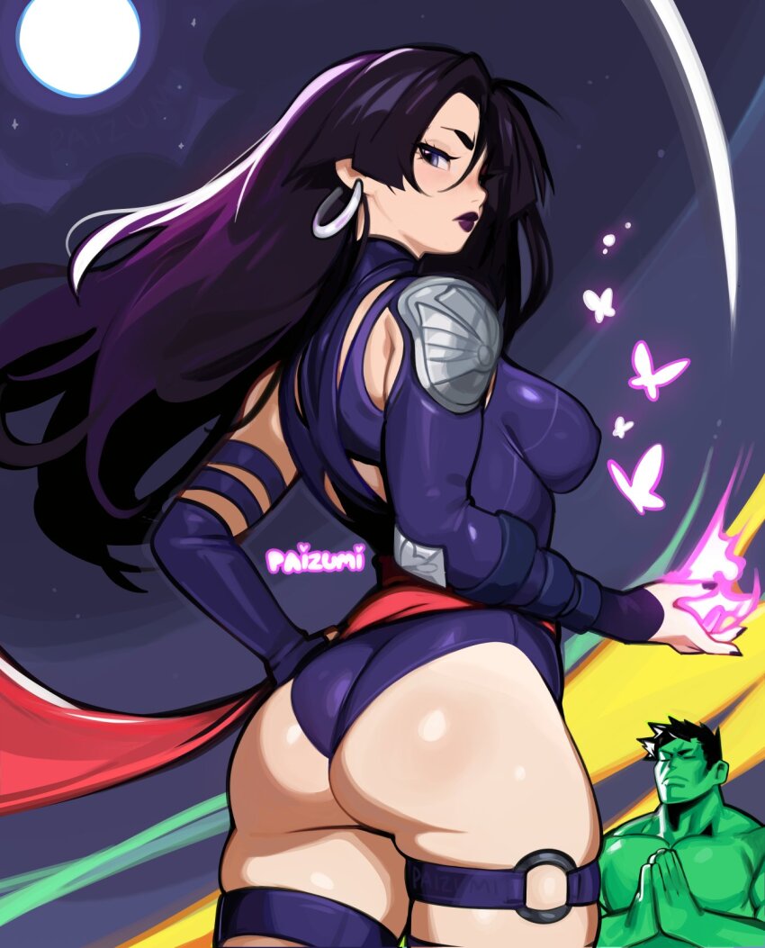 1boy 1girl ass asymmetrical_clothes avengers_(series) black_hair body_blush breasts bug butterfly closed_eyes cloud colored_skin curvy earrings elbow_gloves energy from_behind full_moon gloves glowing_butterfly green_skin hand_on_own_hip highleg highleg_leotard highres hoop_earrings hulk insect jewelry large_breasts leotard lipstick long_hair looking_at_viewer makeup marvel marvel_rivals moon night o-ring o-ring_thigh_strap paizumi parted_lips psylocke psylocke_(vengeance) purple_butterfly purple_eyes purple_hair purple_leotard purple_lips red_sash revealing_clothes sash shiny_skin sky solo star_(sky) starry_sky superhero_costume thigh_strap thighhighs waist_sash wide_hips x-men
