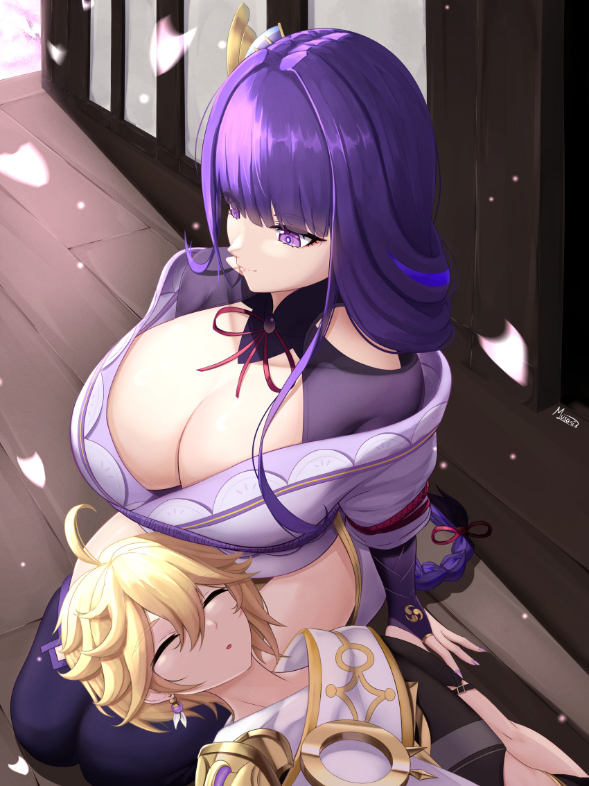 1boy 1girl absurdres aether_(genshin_impact) ahoge artist_name blonde_hair breasts cleavage closed_eyes closed_mouth falling_petals genshin_impact highres huge_breasts lap_pillow long_braid long_hair musanix petals purple_eyes purple_hair purple_nails raiden_shogun sleeping very_long_hair