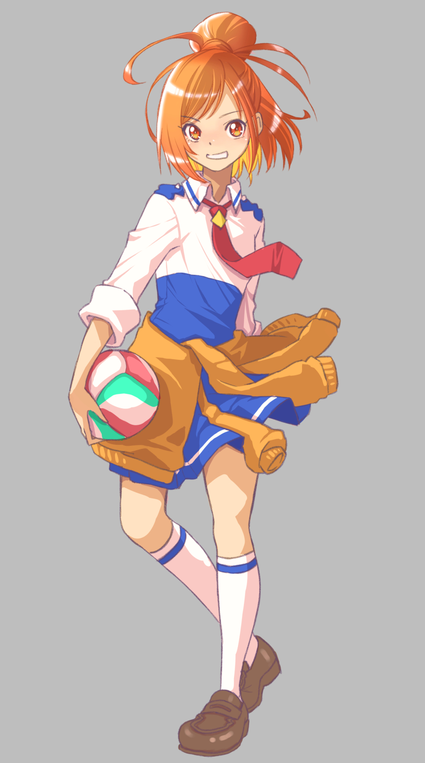 1girl absurdres ball blush brown_footwear clothes_around_waist collared_dress cure_sunny dress full_body grey_background hair_bun highres hino_akane_(smile_precure!) holding holding_ball jj_(ssspulse) magical_girl nanairogaoka_middle_school_uniform necktie orange_hair precure school_uniform short_hair single_hair_bun sleeves_rolled_up smile smile_precure! solo sweater sweater_around_waist volleyball volleyball_(object)