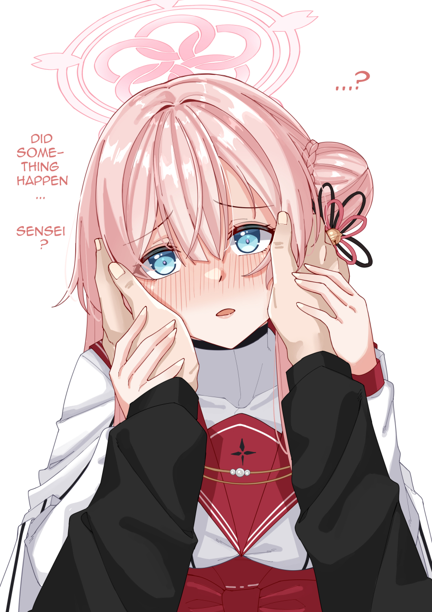 1boy 1girl absurdres black_jacket blue_archive blue_eyes blush commentary english_text hair_bun halo hands_on_another&#039;s_face hands_on_another&#039;s_hands highres jacket mimori_(blue_archive) nose_blush pink_hair pink_halo red_sailor_collar red_skirt rynn_(darknescorez) sailor_collar sensei_(blue_archive) shirt skirt white_shirt