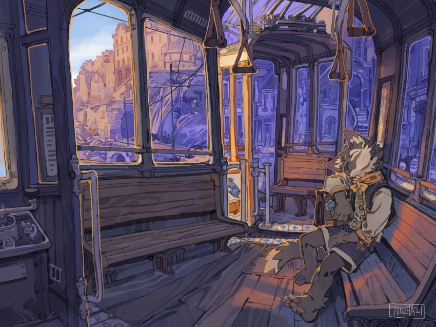 1boy animal_ears artist_name barefoot bench blue_shorts closed_eyes evening handlebar highres leaning original scarf scenery shorts signature sitting sleeping slice_of_life solo suitcase tail train_interior tuozhazi wide_shot window wolf_boy wolf_ears wolf_tail yellow_scarf