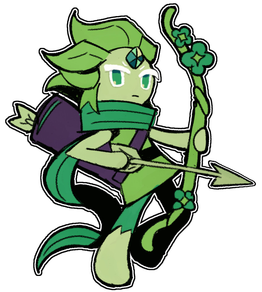 bad_link bow_(weapon) chibi cookie_run cookie_run:_kingdom cookie_run:_ovenbreak highres holding holding_quill original quill spookycatzzz weapon wind_archer_cookie wind_archer_cookie_(guardian_of_the_millennial_tree) wind_archer_cookie_(zephyr_of_life)