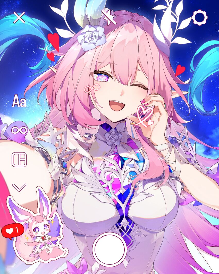 1girl ;o absurdres aiwo_o_lite aqua_hair artist_request breasts check_artist commentary cyrene_(honkai:_star_rail) cyrene_(ripples_of_past_reverie)_(honkai:_star_rail) diamond-shaped_pupils diamond_(shape) english_commentary fake_phone_screenshot fake_screenshot gradient_hair half-heart_hands highres honkai:_star_rail honkai_(series) large_breasts long_hair mem_(honkai:_star_rail) multicolored_hair one_eye_closed pink_hair pointy_ears purple_eyes second-party_source selfie sky solo star_(sky) starry_sky symbol-shaped_pupils very_long_hair white_hair