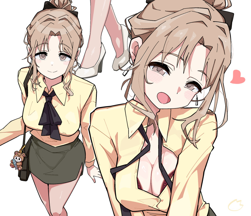 1girl black_skirt blush bra breasts brown_hair cleavage commentary commission heart highres ichikawa_hinana idolmaster idolmaster_shiny_colors mahjong_soul medium_breasts multiple_views office_lady ohgi910 pencil_skirt pixiv_commission red_bra shirt simple_background skirt smile underwear white_background yellow_shirt