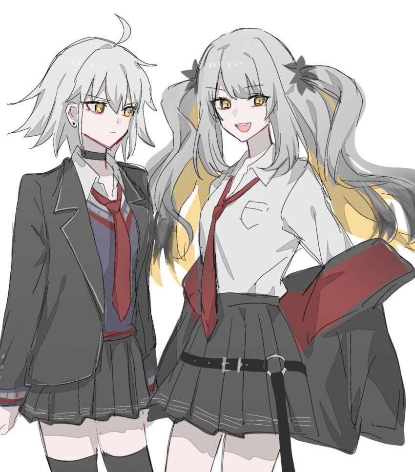 2girls belt belt_buckle black_belt black_choker black_jacket black_skirt black_thighhighs blonde_hair blue_cardigan buckle cardigan choker collared_shirt colored_inner_hair fate/grand_order fate_(series) grey_hair hair_between_eyes highres jacket jeanne_d&#039;arc_alter_(fate) long_hair long_sleeves looking_at_another looking_at_viewer looking_to_the_side marie_antoinette_(fate) marie_antoinette_alter_(fate) multicolored_hair multiple_girls necktie nekwnek off_shoulder official_alternate_costume pleated_skirt pocket red_necktie school_uniform shirt short_hair simple_background skirt smile thighhighs twintails two-tone_hair very_long_hair white_background white_shirt yellow_eyes