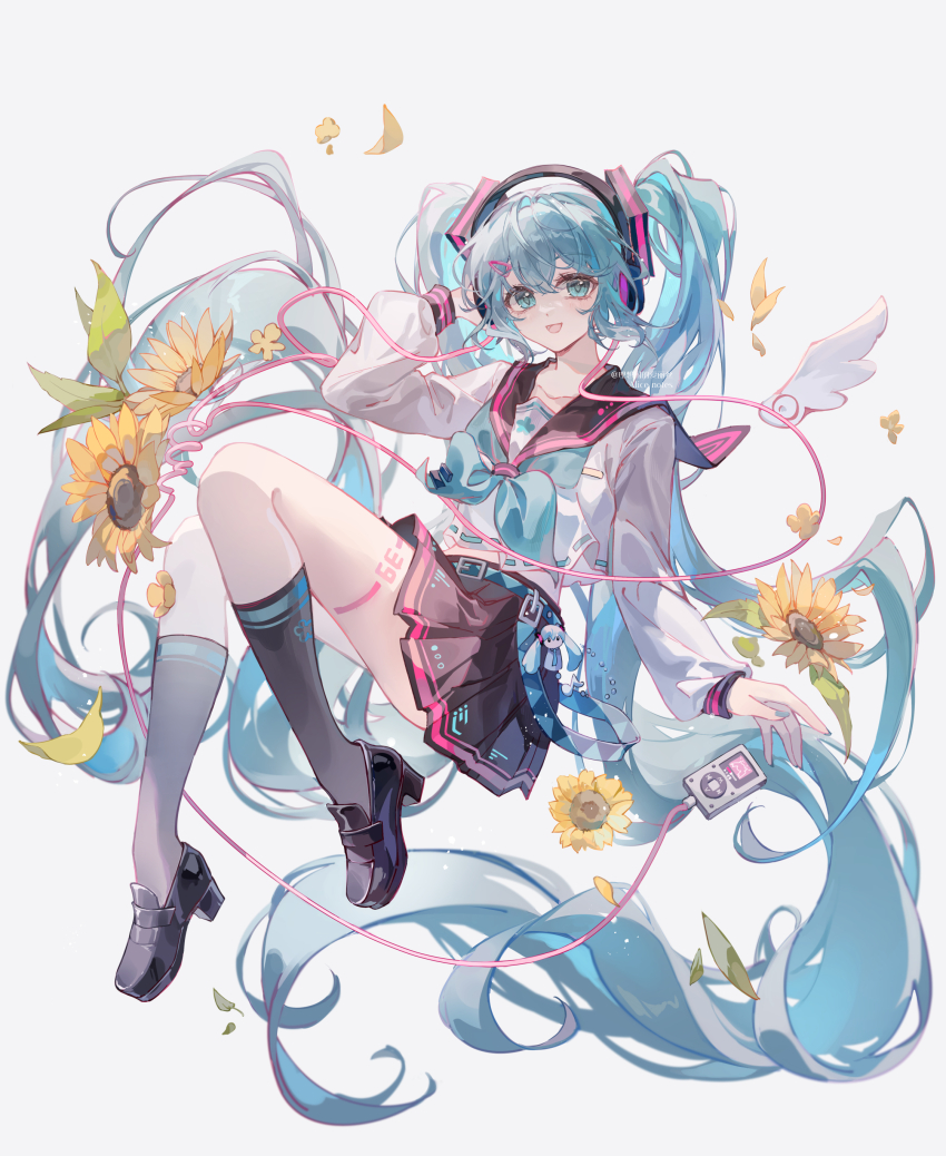 1girl absurdres blue_eyes blue_hair flower hatsune_miku highres lixiang_guo_alice school_uniform serafuku simple_background skirt solo twintails vocaloid white_background
