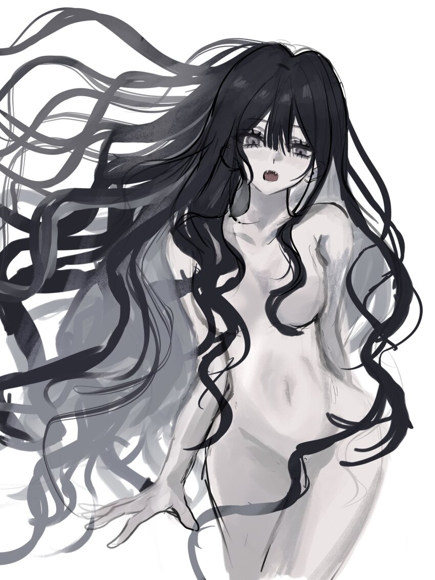 1girl akai_ringo_(eveyuno) black_hair fangs highres long_hair looking_at_viewer nude open_mouth original standing wavy_hair white_background