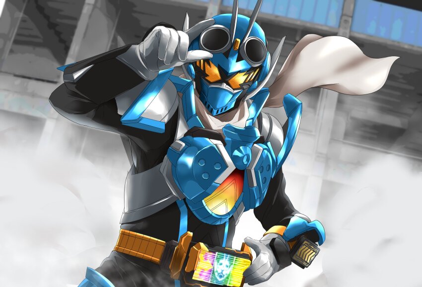 1boy adjusting_eyewear arm_up armor blue_armor body_armor commentary compound_eyes rider_belt gloves goggles goggles_on_head gotcha_driver highres kamen_rider kamen_rider_gotchard kamen_rider_gotchard_(series) looking_at_viewer looking_up male_focus miyabi_(037) rider_belt scarf school standing tokusatsu upper_body white_gloves white_scarf yellow_eyes